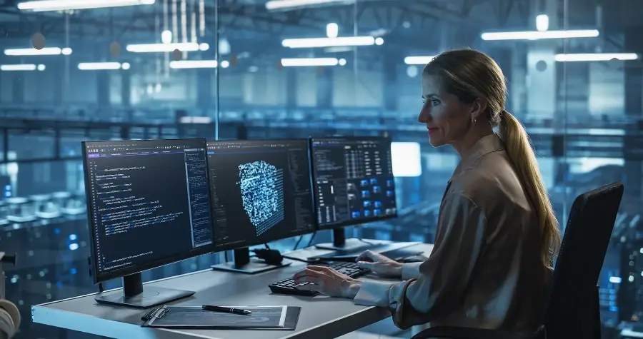 Female software engineer analyzing complex data and code on triple monitors in a high-tech data center office.
