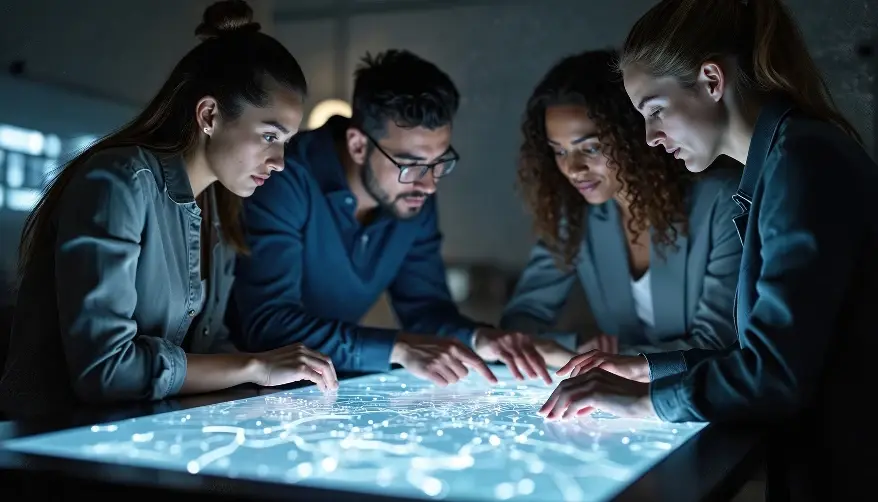 A team of four people lean over and interact with a large, glowing interactive touch table displaying data points and lines.