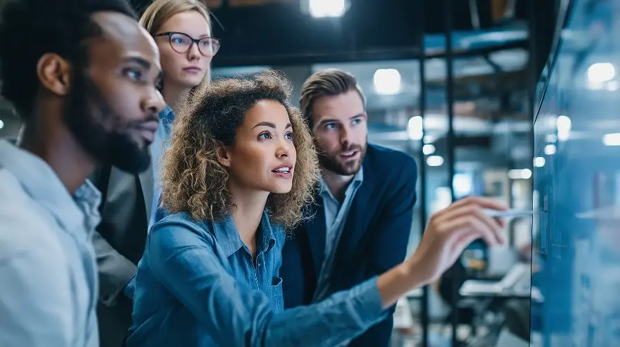A group of four professionals in an office pointing at and looking at a large wall-mounted monitor.