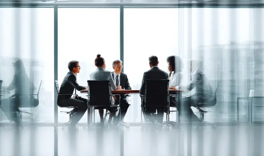 A photo of people in business attire sitting at a table by a large window in a brightly lit room.