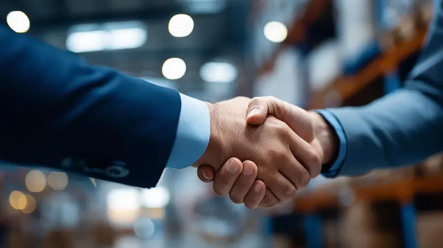 Close-up of a professional handshake in a modern warehouse, symbolizing a logistics or supply chain agreement.