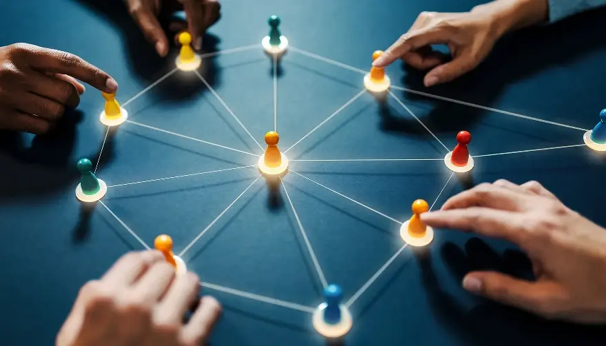 Hands manipulate colored playing pieces on a connecting network of glowing lines on a dark table surface.