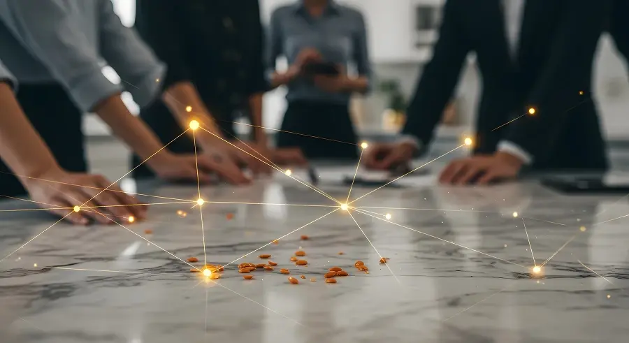 Close-up of hands over a marble table with linked digital light points and a small cluster of metal.