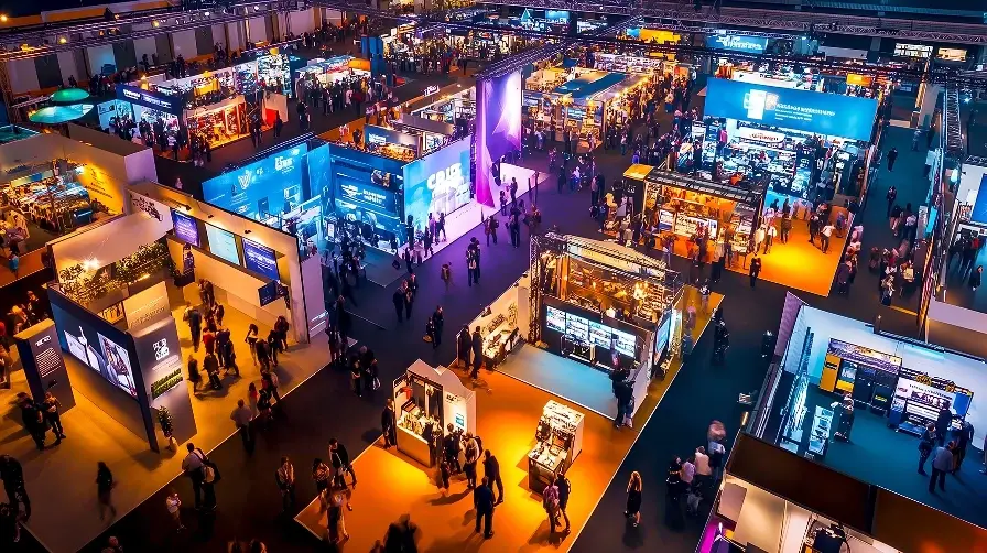 An aerial view of a busy convention floor with brightly lit, colorful exhibition booths and people walking along the aisles.