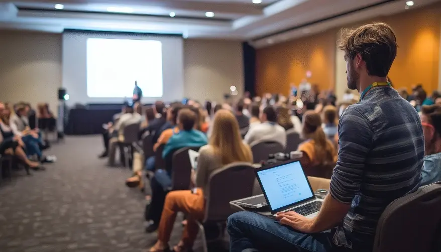 A man sits in a chair using a laptop in a large, dimmed conference hall filled with people watching a presentation.