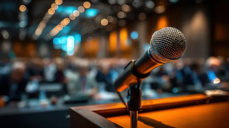 A close-up of a microphone on a podium at a conference with an out-of-focus crowd and stage lights in the background.
