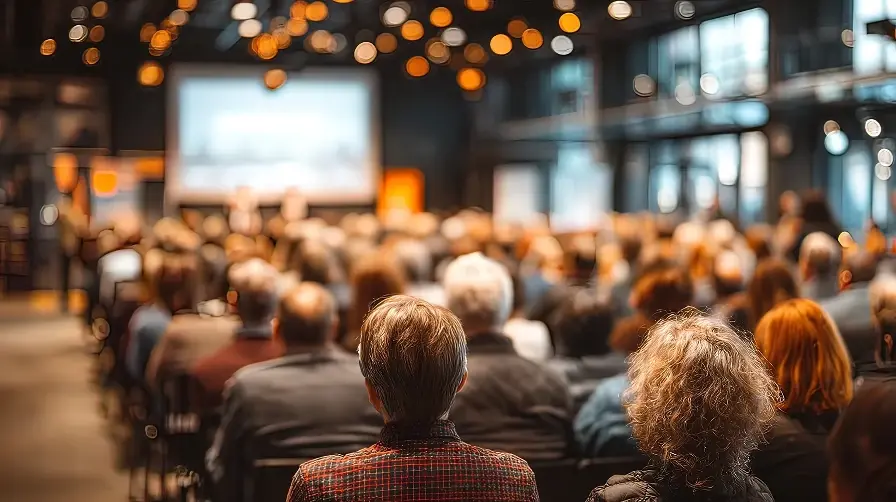 A view from behind a large crowd of people watching a presentation on a large, blurred screen in a dim hall.