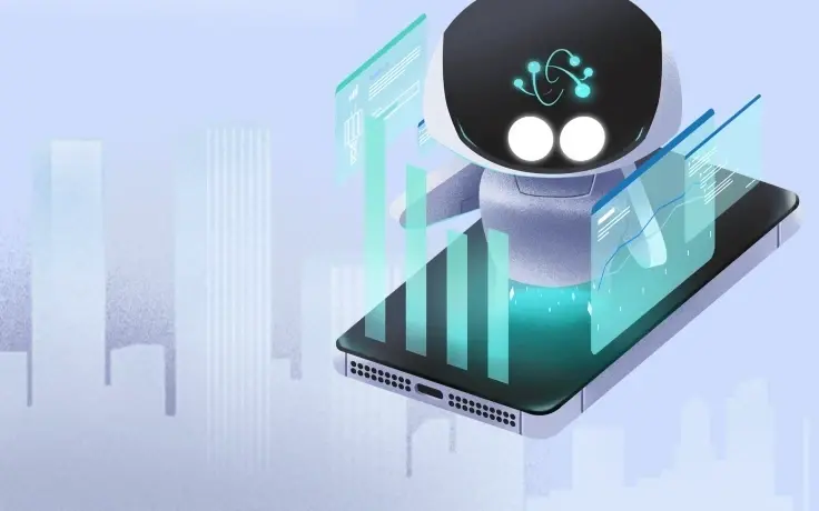 Digital illustration of a small robot on a smartphone screen with glowing bar charts and data graphs over a city skyline.