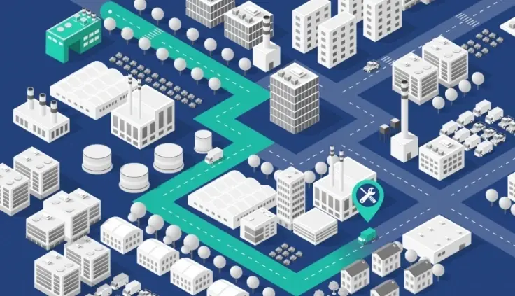 An isometric map of a white and grey city with a teal path and a location pin containing a wrench and screwdriver icon.