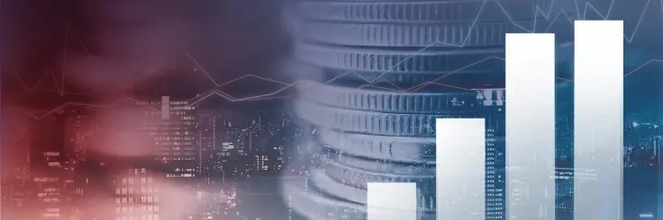 A stack of coins overlaid with rising white bar charts, line graphs, and a blurred nighttime city skyline.
