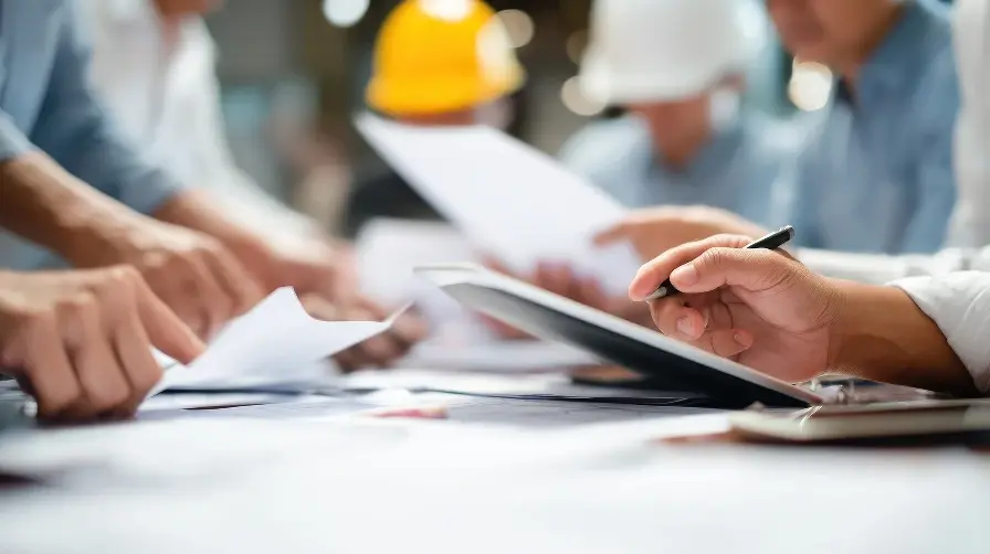 A team of engineers in hard hats reviewing technical blueprints and documents on a large table.
