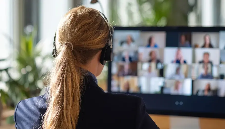 Over-the-shoulder view of a woman with a headset participating in a video conference call with multiple people on screen.
