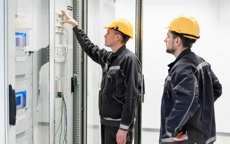Two technicians in yellow hard hats and work uniforms inspect an electrical control panel in an industrial facility.