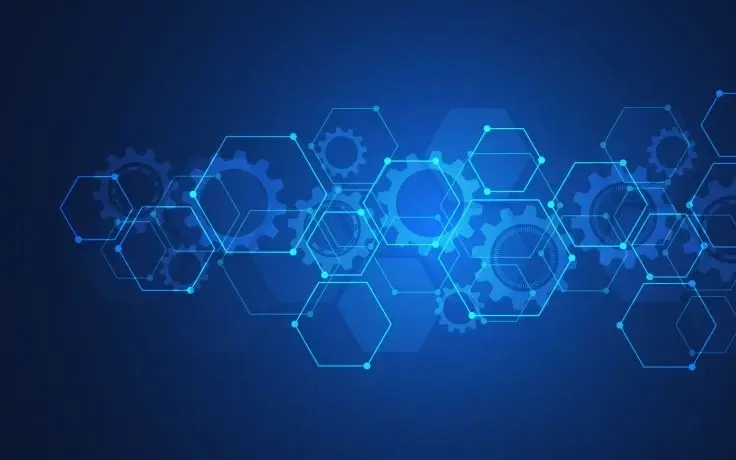 A blue technical background featuring glowing hexagonal patterns, gear icons, and connected nodes on a dark gradient.