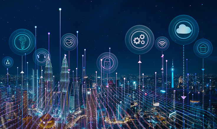 City skyline at night with overlay of glowing network lines and smart city technology icons.