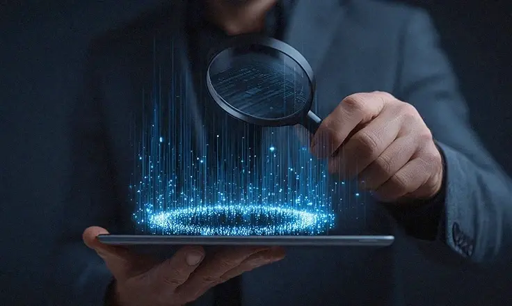 A person in a suit holds a magnifying glass over a tablet displaying glowing blue digital data particles.