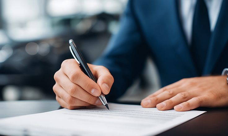 Man signing a document, holding a pen
